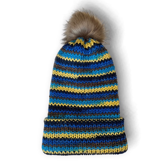 Hand Crafted Accessories - Handmade Knit Slouch Hat Handcrafted Unisex Beanie With Faux Rabbit Tail Pom Pom
